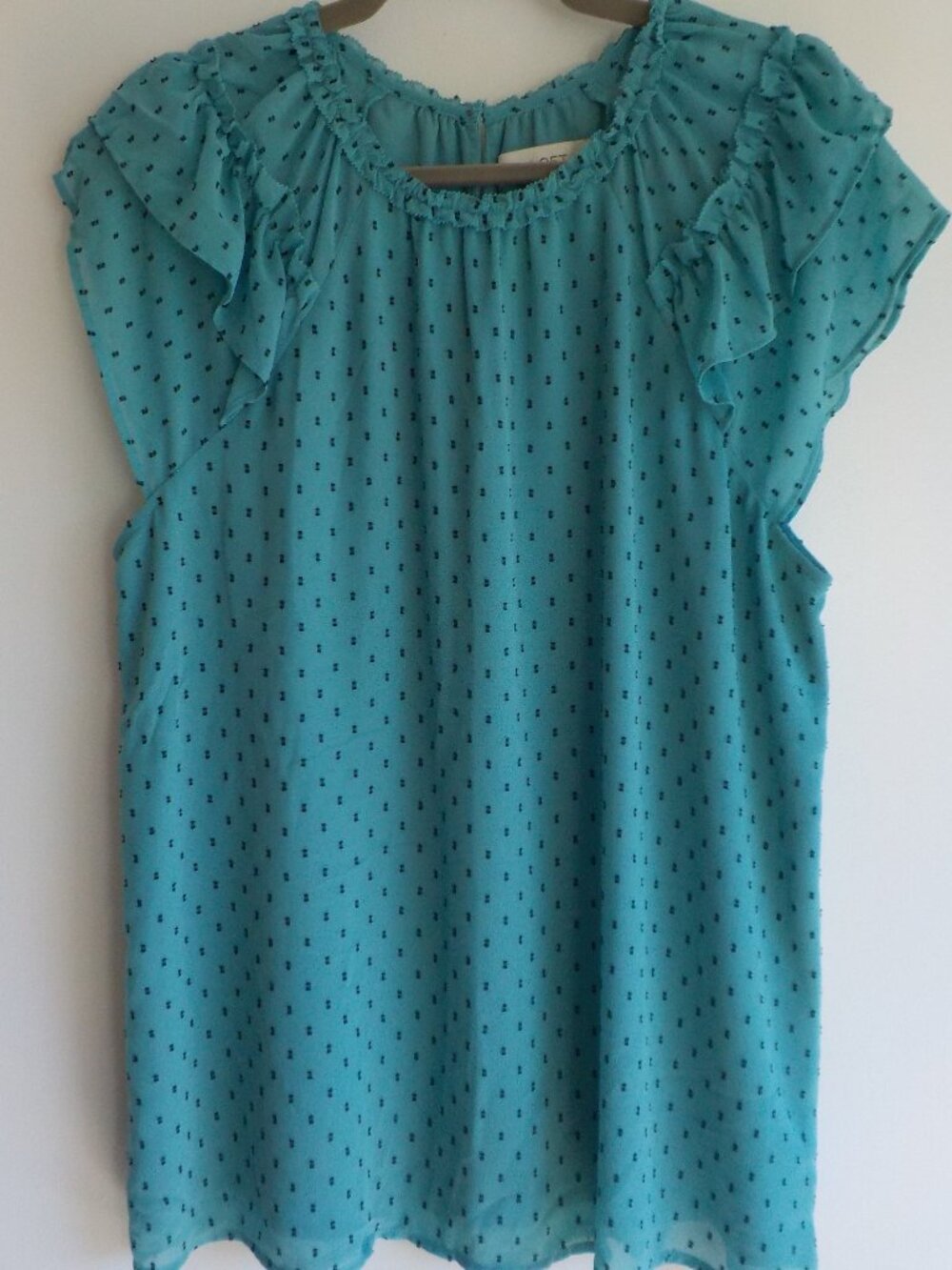 Loft Blouse - Large - Blue Navy Short Sleeve Ruffle Summer Lined (794)